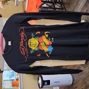 Ed Hardy Black Long Sleeve Tee with Yellow Rose & Red Heart Graphic Eternal Love